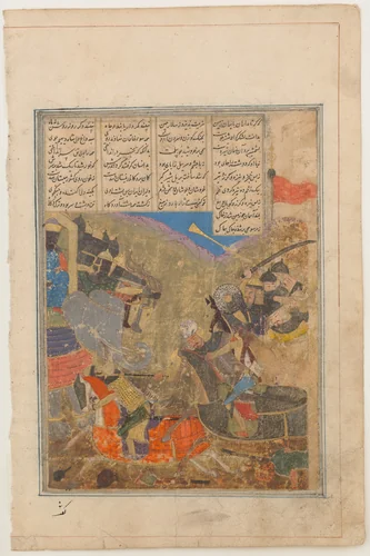 "Rustam Battles Sava", Folio from a Shahnama (Book of Kings) by Abu'l Qasim Firdausi, manuscript, 1400-1499