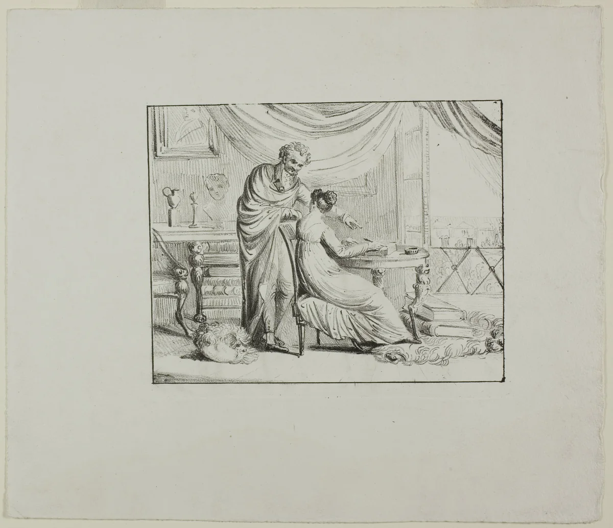 Denon Instructing a Young Woman Drawing on a Lithographic Stone by Dominique Vivant Denon, print, 1815-1825