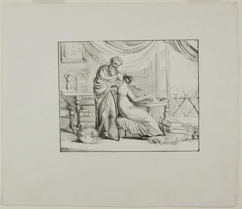 Denon Instructing a Young Woman Drawing on a Lithographic Stone by Dominique Vivant Denon, print, 1815-1825