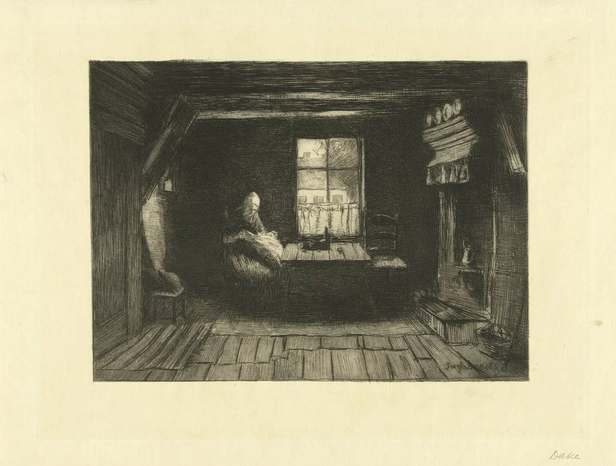 Boerenvrouw zit bij een raam te naaien in interieur by Carel Lodewijk Dake, print, 1867-1918