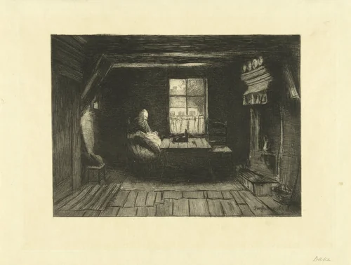 Boerenvrouw zit bij een raam te naaien in interieur by Carel Lodewijk Dake, print, 1867-1918