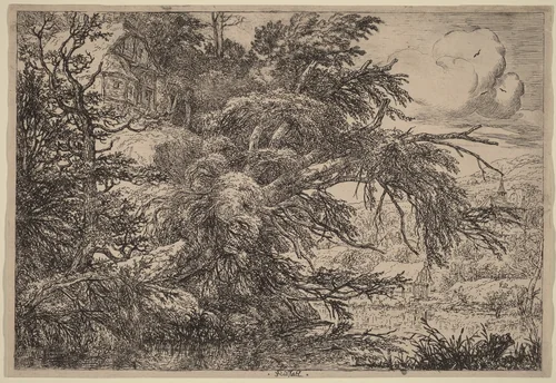 Cottage on a Hill by Jacob van Ruisdael, print, 1628-1682