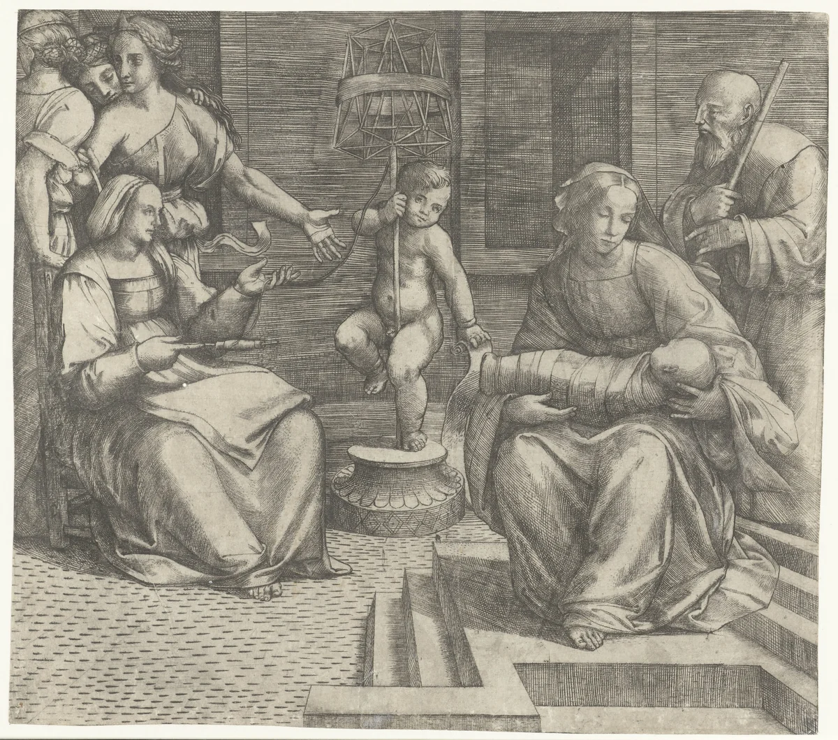 Heilige Familie met Elisabeth en Johannes de Doper by Giacomo Francia, print, 1490-1557