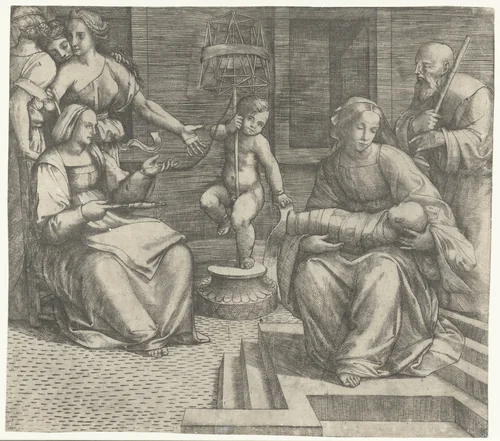 Heilige Familie met Elisabeth en Johannes de Doper by Giacomo Francia, print, 1490-1557