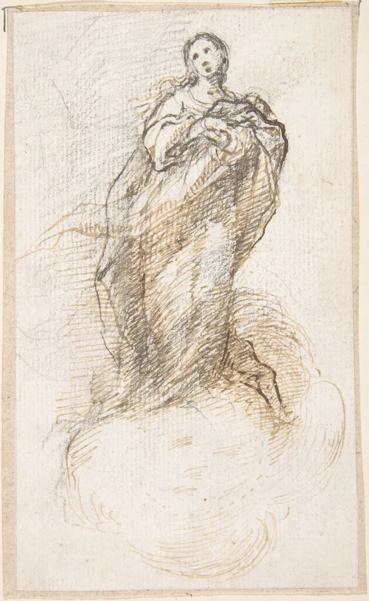 Virgin of the Immaculate Conception Standing on Clouds by Pedro Duque Cornejo, drawing, 1695-1755