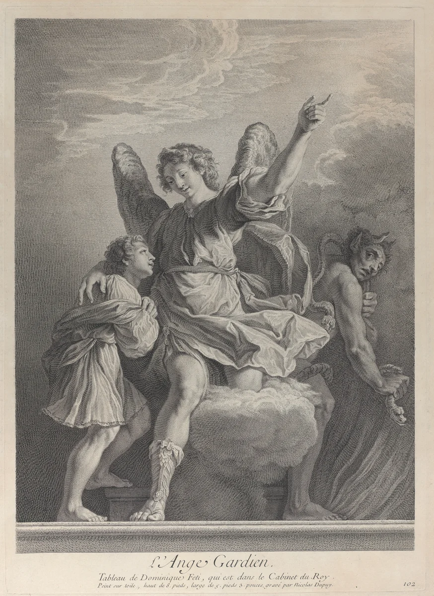 The Guardian Angel, stepping off a cloud and putting his arm around a young boy at left while a demon walks away at right by Nicolas Gabriel Dupuis, print, 1729-1740