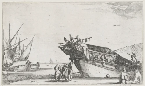 Mannen op kade bij achterkant van galeischip by Stefano della Bella, print, 1634