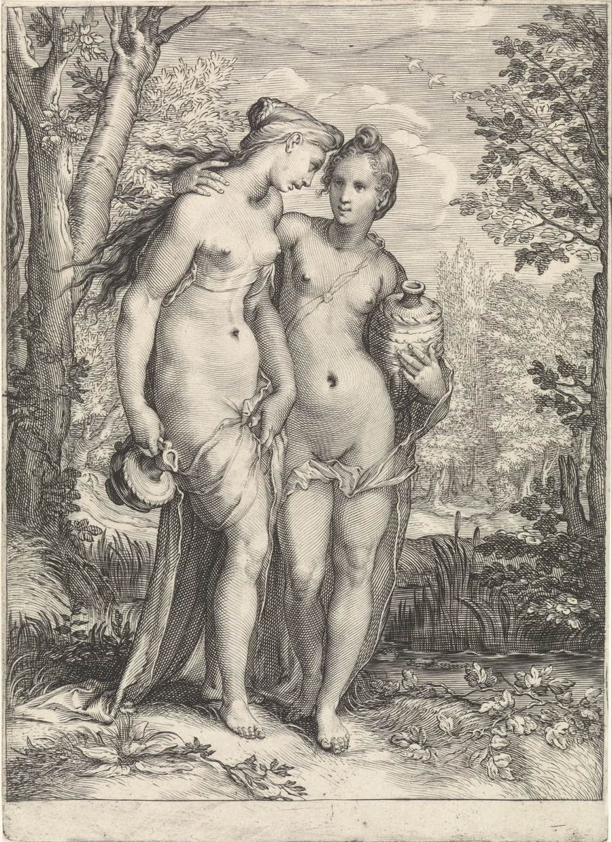 Twee van Diana's nimfen met waterkruiken by Jan Saenredam, print, 1616