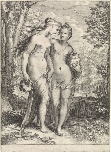 Twee van Diana's nimfen met waterkruiken by Jan Saenredam, print, 1616