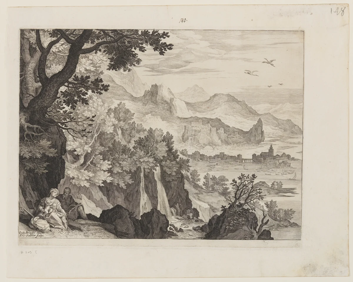 Mountainous Landscape with The Rest on the Flight into Egypt by Aegidius Sadeler Jan Brueghel, print, 1590-1620