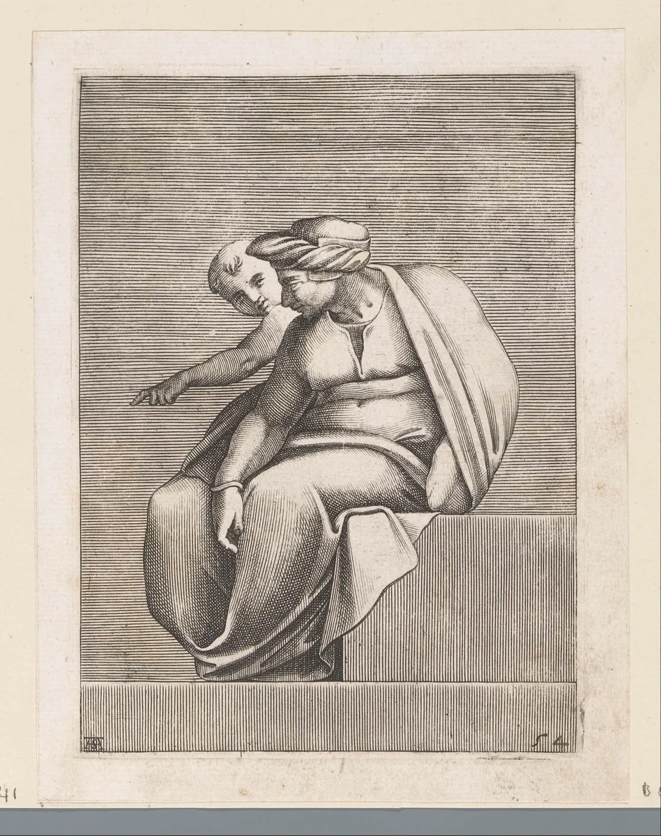 Zittende man met kind by Unknown, print, 1585