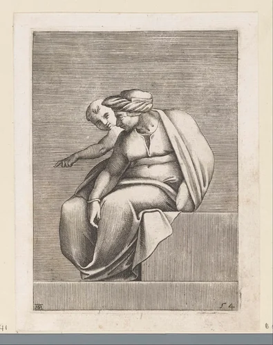 Zittende man met kind by Unknown, print, 1585