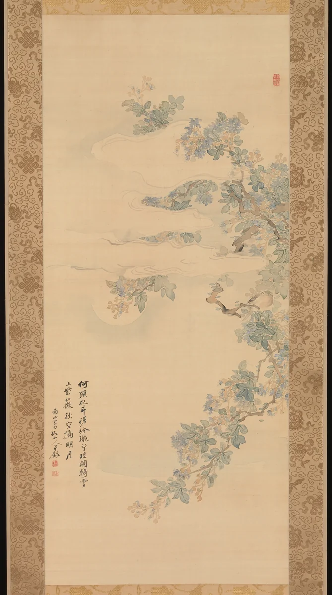 Small Bird on a Crepe Myrtle Branch by Tsubaki Chinzan (椿椿山), painting, 1850-1859