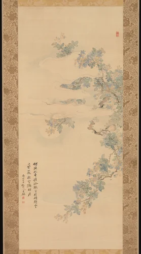 Small Bird on a Crepe Myrtle Branch by Tsubaki Chinzan (椿椿山), painting, 1850-1859