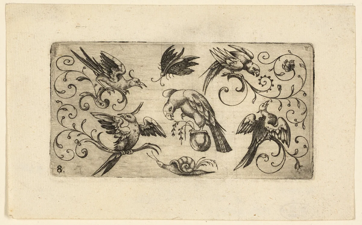 Ornament Panels with Birds: Plate 8 by Adrian Muntink, print, 1617