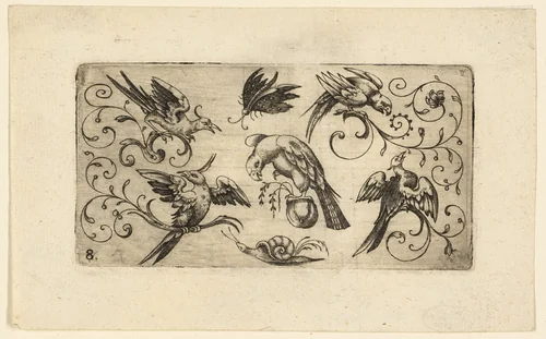 Ornament Panels with Birds: Plate 8 by Adrian Muntink, print, 1617