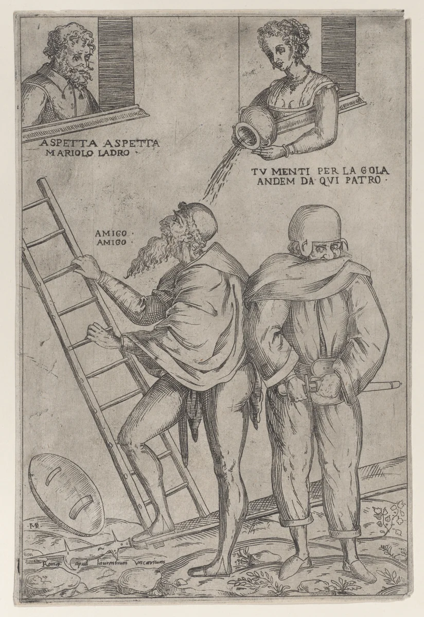 A man climbs a ladder while a woman throws water on him from above by Giovanni Ambrogio Brambilla, print, 1575-1599