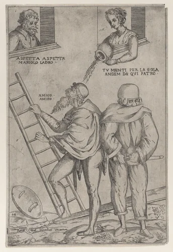 A man climbs a ladder while a woman throws water on him from above by Giovanni Ambrogio Brambilla, print, 1575-1599