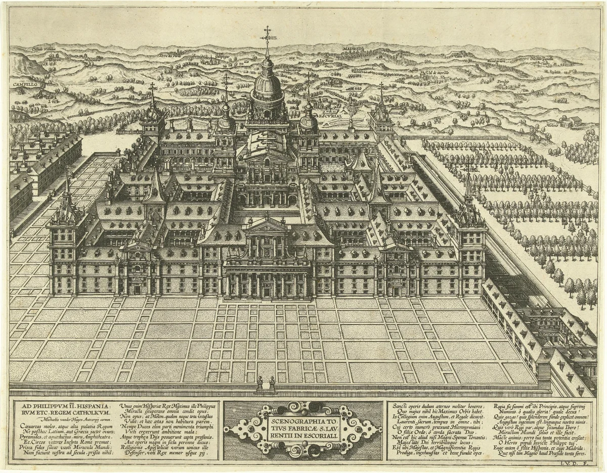 Gezicht op het Escorial in vogelvluchtperspectief by Unknown, print, 1545-1624