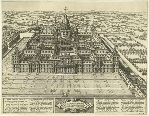Gezicht op het Escorial in vogelvluchtperspectief by Unknown, print, 1545-1624