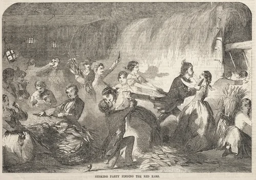 Husking Party Finding the Red Ears by Winslow Homer, print, 1857