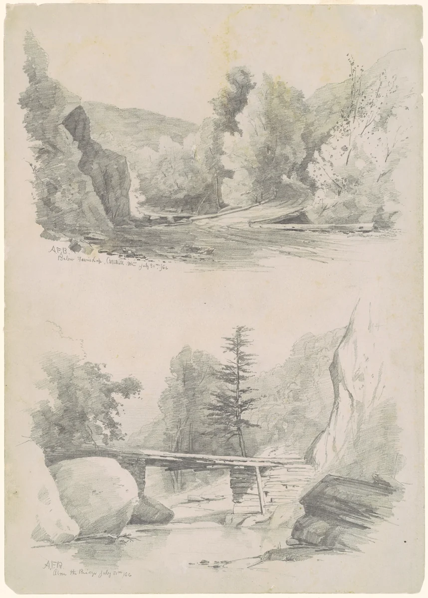 Below Fawn's Leap, Catskill Mountains; and Above the Bridge by Andrew Fisher Bunner, drawing, 1866