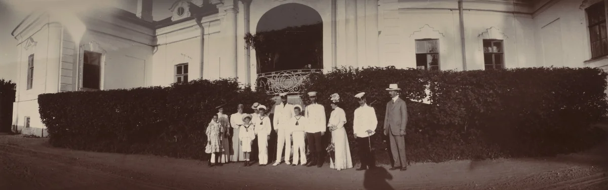 Grand Duchess Xenia Alexandrovna, Grand Duke Alexander Mikhailovich and Others Dressed in White in Front of Home, Gatchino - Elizavetino by Unidentified Photographer, photograph, 1907