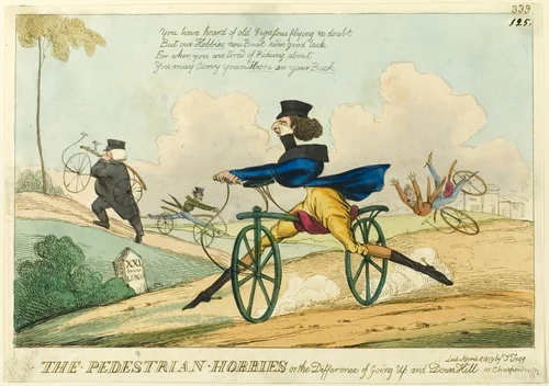 The Pedestrian Hobbies, or the Difference of Going Up and Down Hill by William Heath, print, 1819