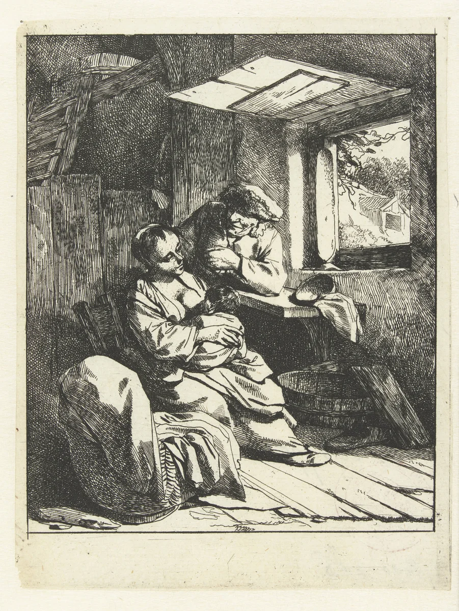Vrouw met kind en man bij wieg in interieur met open raam by Cornelis Pietersz. Bega, print, 1642-1664