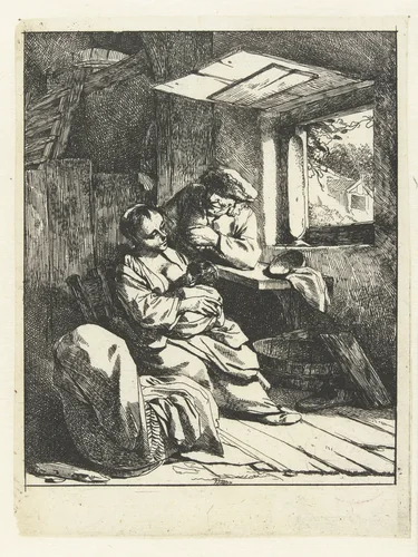 Vrouw met kind en man bij wieg in interieur met open raam by Cornelis Pietersz. Bega, print, 1642-1664