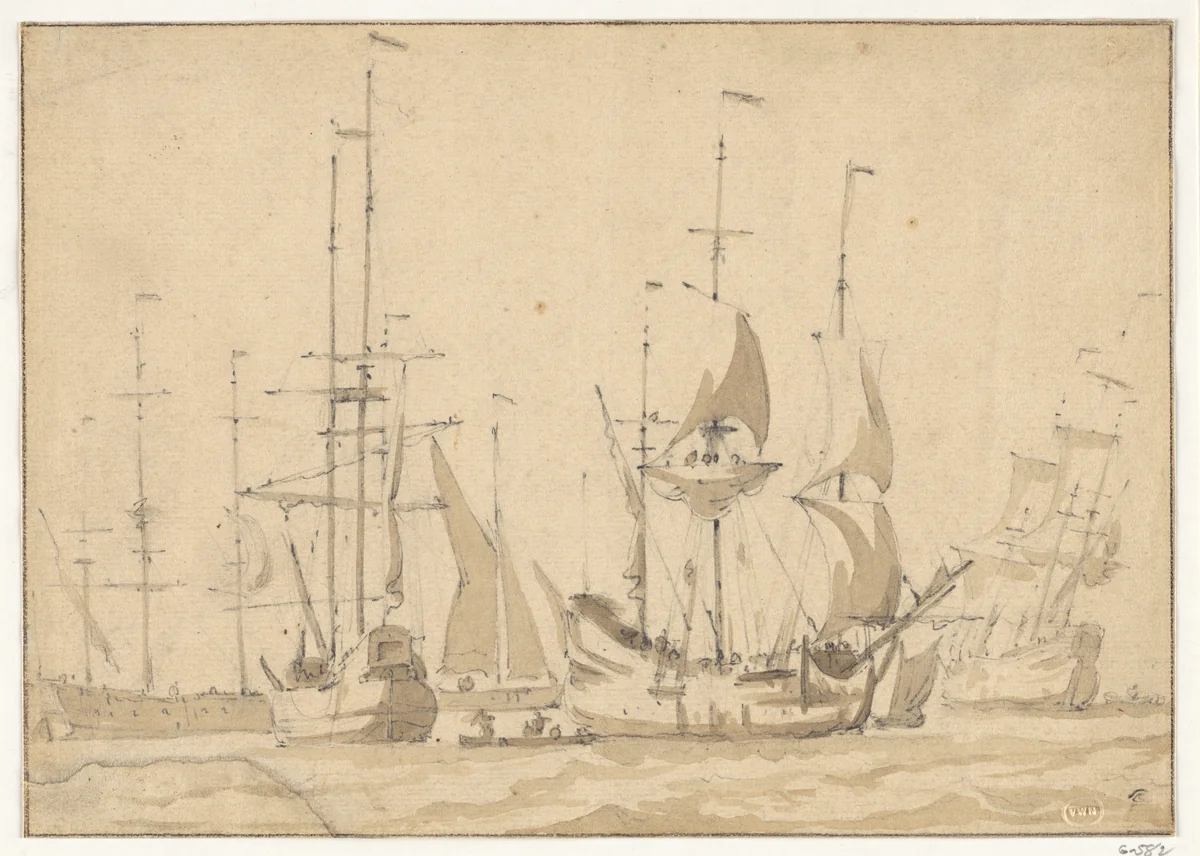 Dutch Merchant Ships at Anchor or under Easy Sail in a Moderate Breeze by Willem van de Velde, drawing, 1655-1661