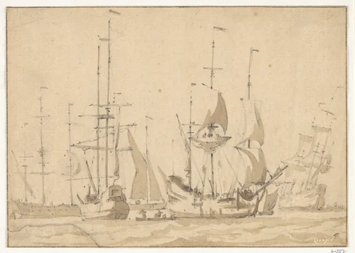 Dutch Merchant Ships at Anchor or under Easy Sail in a Moderate Breeze by Willem van de Velde, drawing, 1655-1661