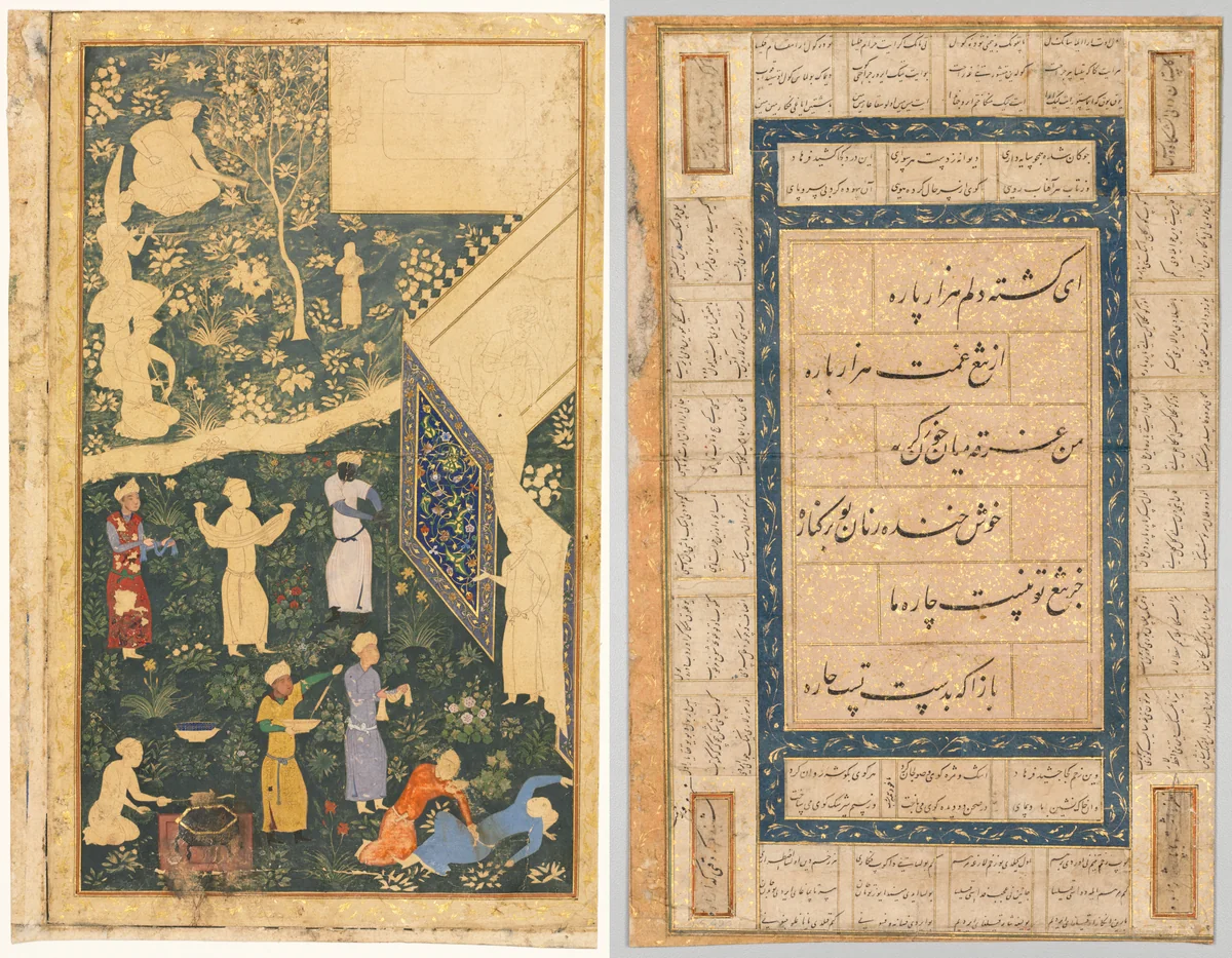 Left side of a double-page album folio: Outside a Royal Encampment (recto) and Calligraphy, Persian Verses (verso) by Bihzad, manuscript, 1475-1500
