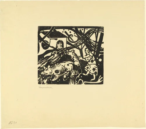 Pigs in Front of the Sty (Schweine vor dem Stall) by Heinrich Campendonk, print, 1917