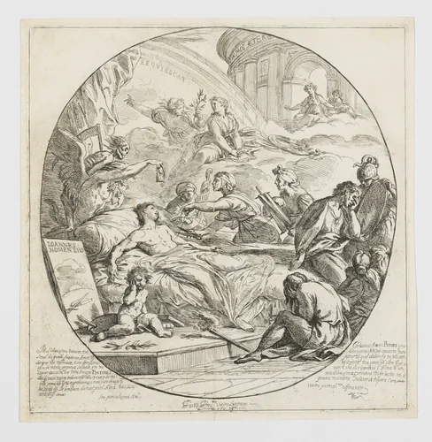 An allegorical composition relating to mortality(?), the three Fates surround a dying man (the artist's brother) by Francisco Vieira, print, 1709-1719