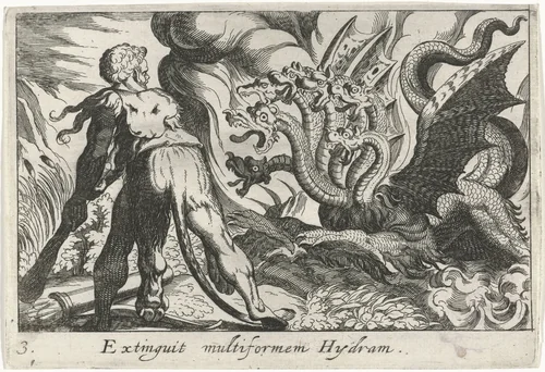 Hercules in gevecht met de hydra van Lerna by Simon Frisius, print, 1610-1664