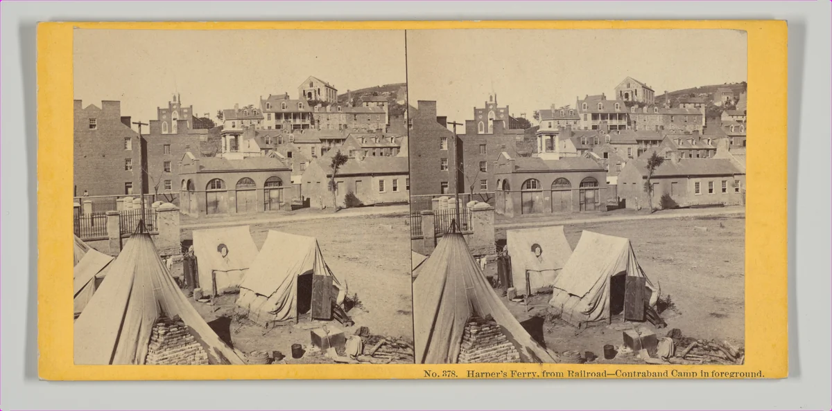 Harper’s Ferry, from Railroad-Contraband Camp in Foreground by John P. Soule, photograph, 1865