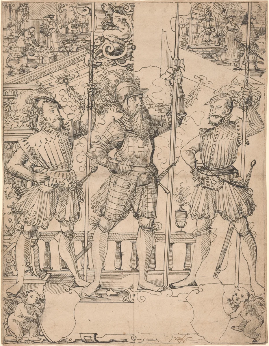 Halberdier and Two Pikemen by Hans Jakob Plepp, drawing, 1515-1636