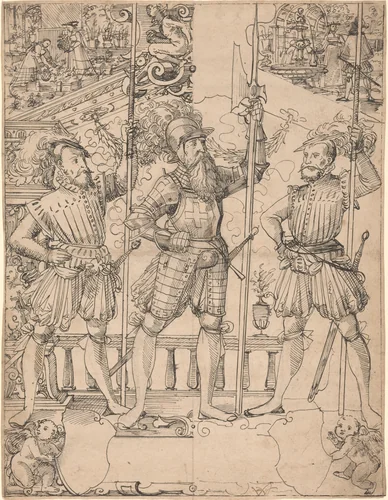 Halberdier and Two Pikemen by Hans Jakob Plepp, drawing, 1515-1636