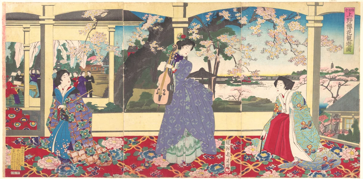 A Dance Party: Enjoying Cherry Blossom Viewing at Ueno (Tōbukai Ueno ōka yūran no zu) by Yōshū Chikanobu (楊洲周延), print, 1887