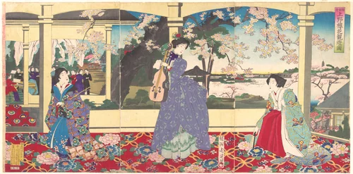 A Dance Party: Enjoying Cherry Blossom Viewing at Ueno (Tōbukai Ueno ōka yūran no zu) by Yōshū Chikanobu (楊洲周延), print, 1887