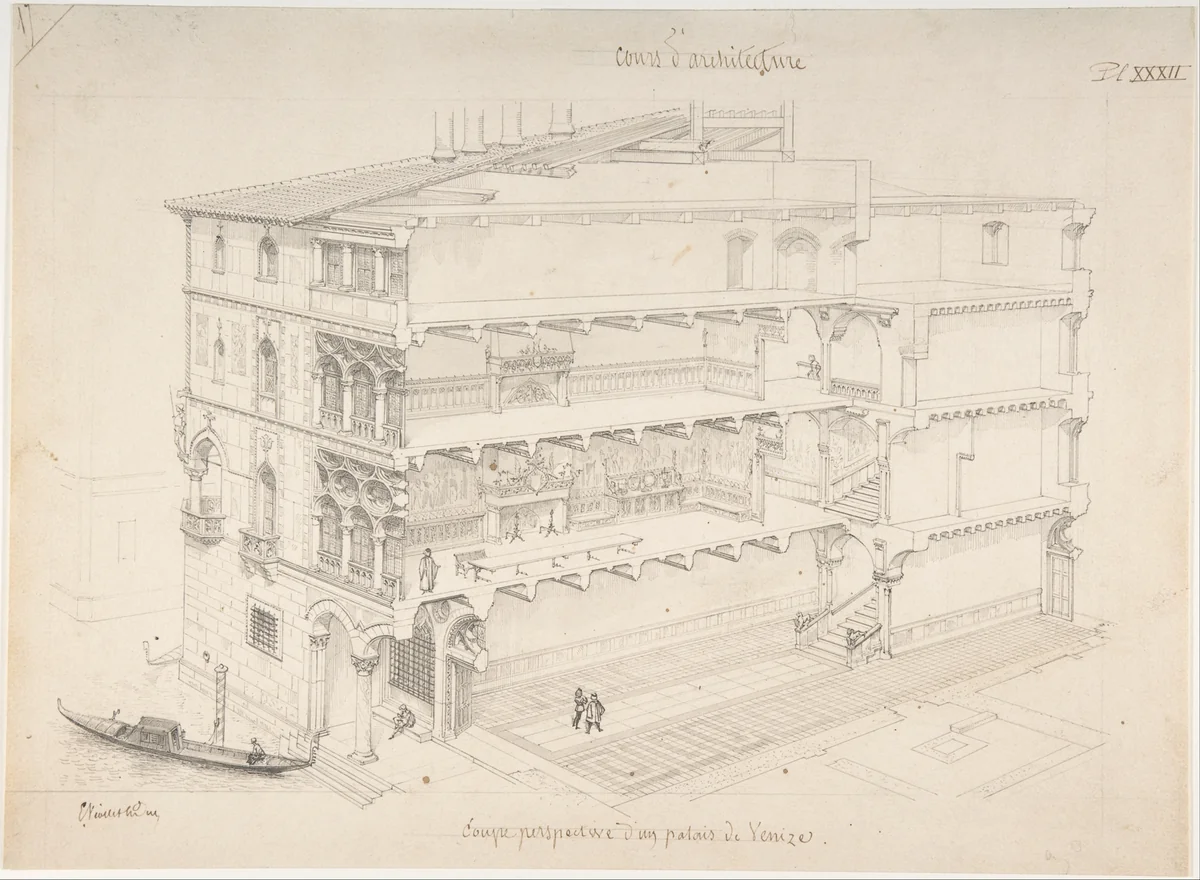 Perspectival Cross-Section of a Venetian Palace by Eugène-Emmanuel Viollet-le-Duc, drawing, 1830-1879