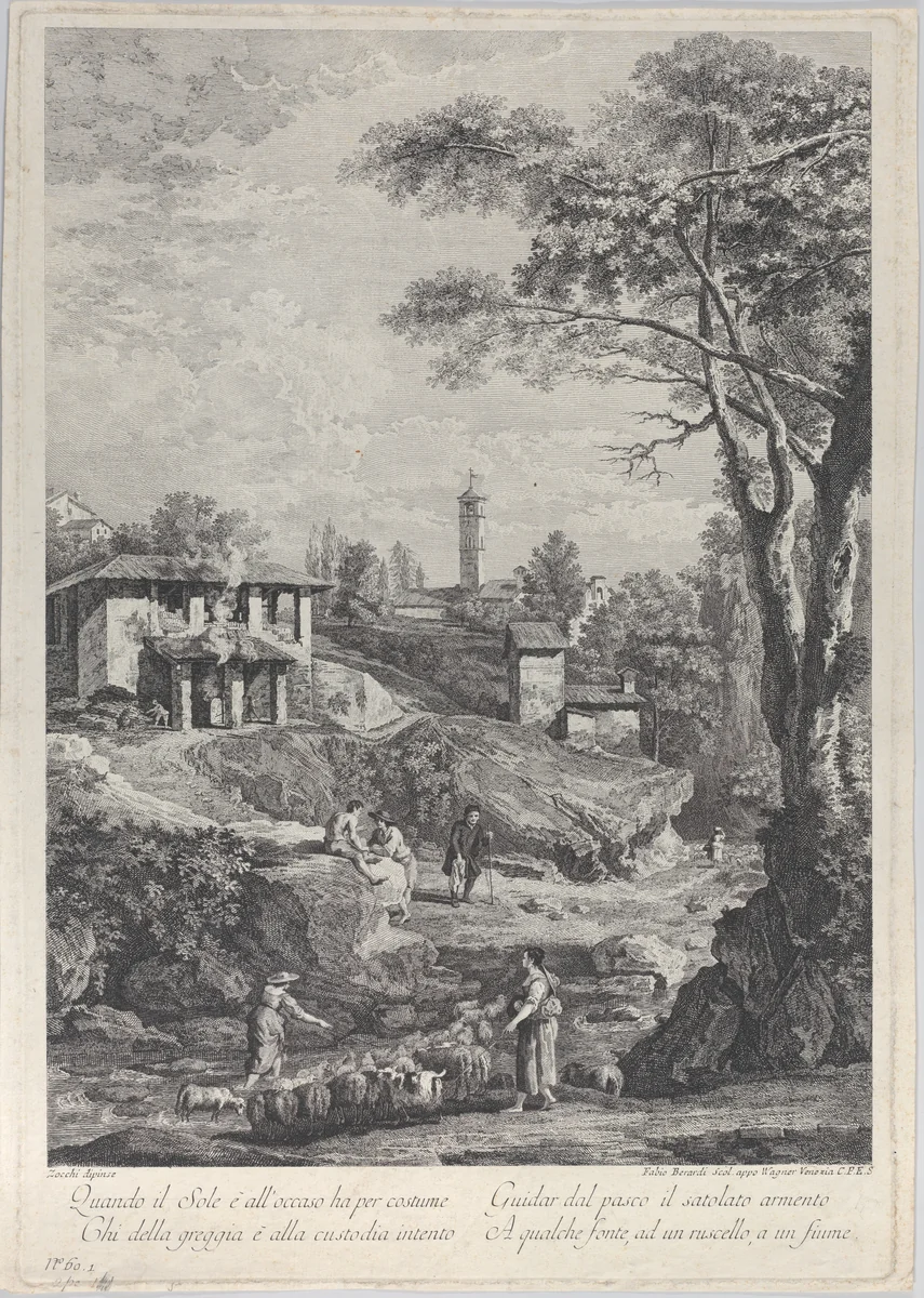 Landscape with shepherds, houses and a tower in the distance by Fabio Berardi, print, 1760-1770