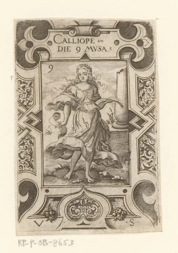 Calliope in rolwerk omlijsting by Unknown, print, 1524-1562