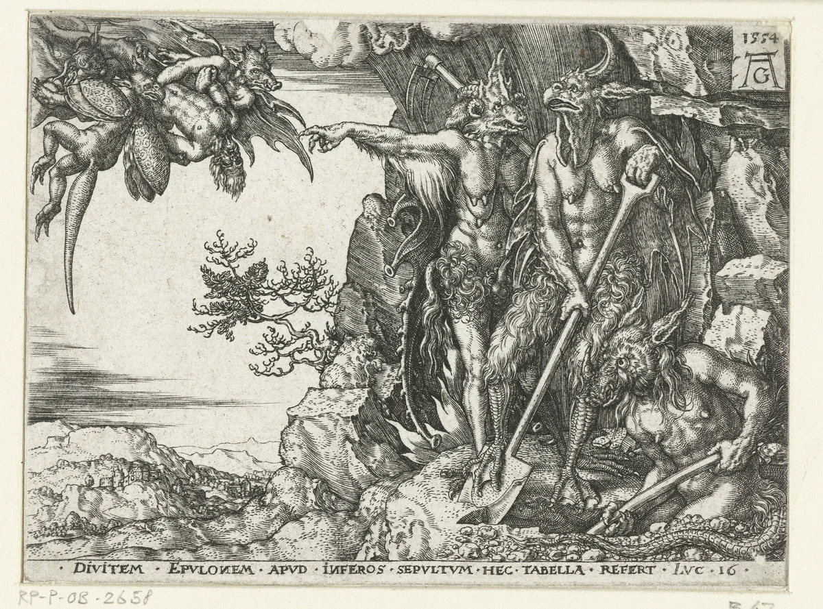 De rijke man door duivels naar de hel gevoerd by Unknown, print, 1554