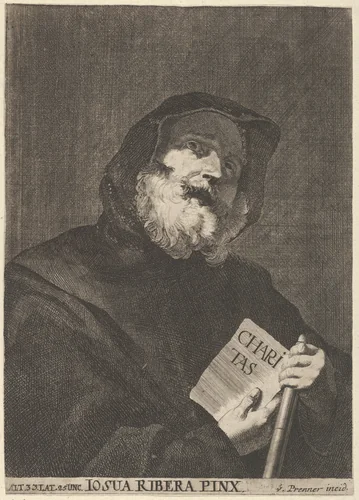 Saint dressed in a hooded cloak, holding book with the inscription "CHARITAS" from a portfolio of reproductions of the Imperial Gallery of Paintings in Vienna; plate 41 of the series by Giorgio Gasparo de Prenner, print, 1728