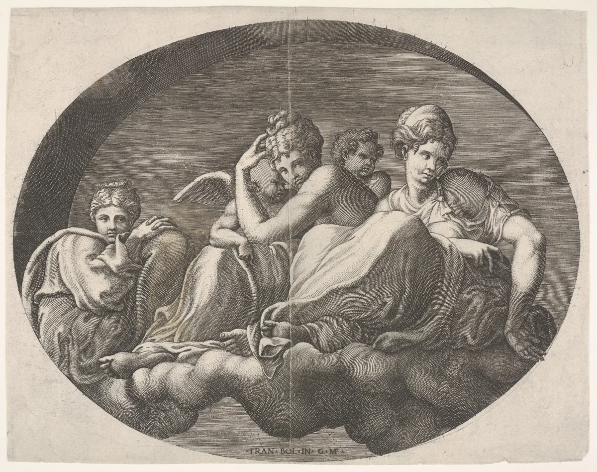 Venus and Cupid and two other goddesses seated on a cloud under an arch and accompanied by a putto, an oval composition, from a series of eight compositions after Francesco Primaticcio's designs for the ceiling of the Ulysses Gallery (destroyed 1738-39) at Fontainebleau by Giorgio Ghisi, print, 1560-1569