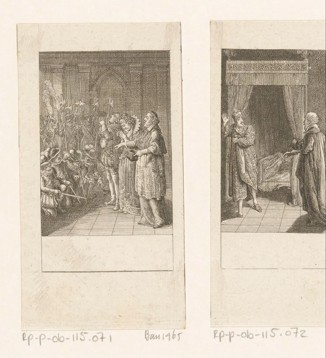 Dienaren kruisen hun degens by Daniel Nikolaus Chodowiecki, print, 1790