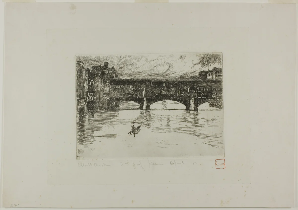 Ponte Vecchio, destroyed plate by Otto Henry Bacher, print, 1880