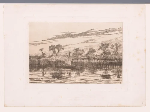 Roeiboot in een meer bij schemering by Jules Guiette, print, 1862-1901